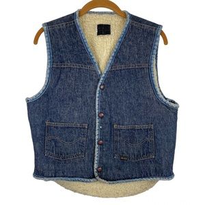 Vintage 70s Sears Roebucks Western Wear Denim Vest Sherpa Lined Sz Medium